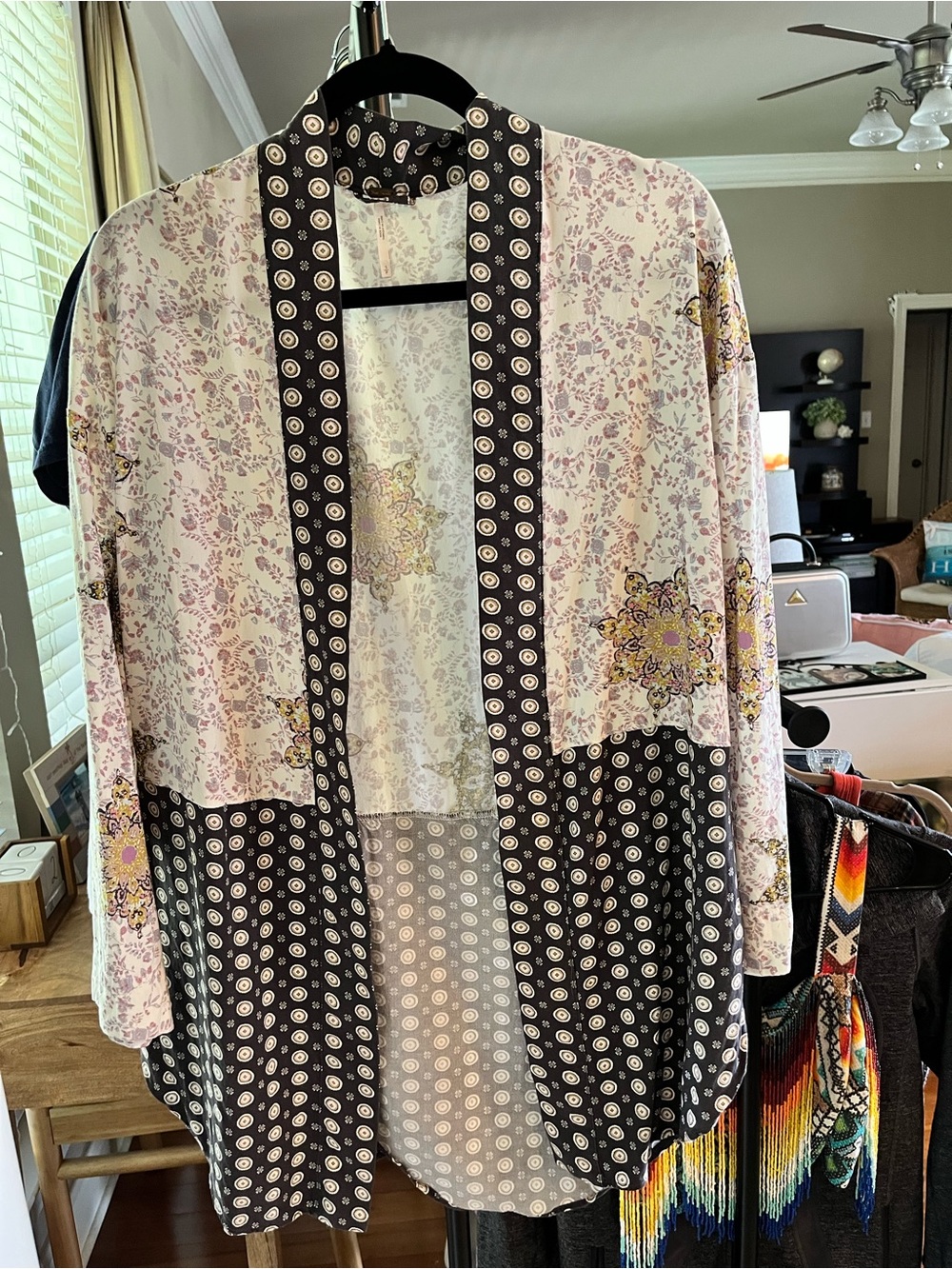Free People Pink, Black, Yellow Mixed Print Open Kimono